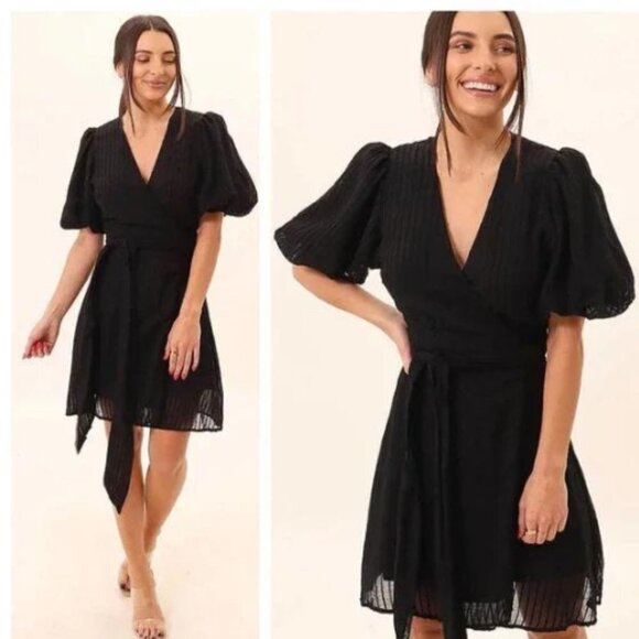 New! Minkpink Lylah puff sleeve Wrap Mini Dress black nwt 30312 - Picture 1 of 13